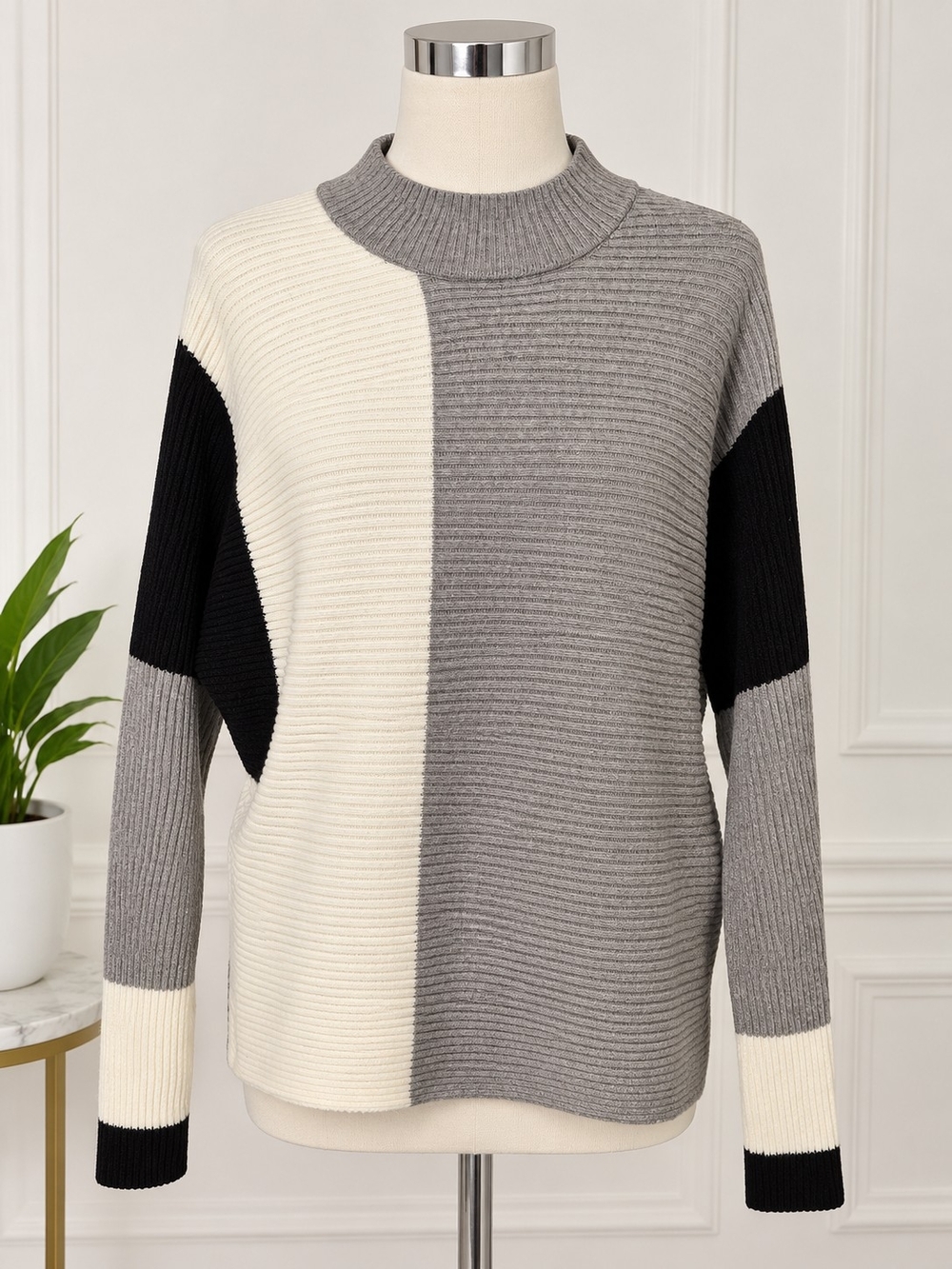 Belldini Colorblock Rib-Knit Sweater in Gray, Cream & Black